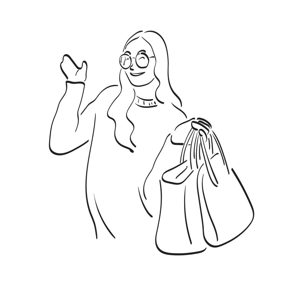 half length of woman with glasses presenting on blank space with handbag in her hand illustration vector hand drawn isolated on white background line art.