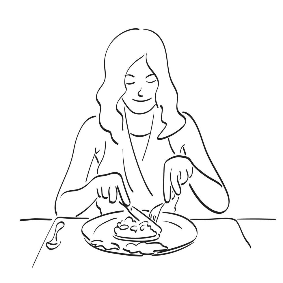 half length of woman eating food with fork and knife illustration vector hand drawn isolated on white background line art.