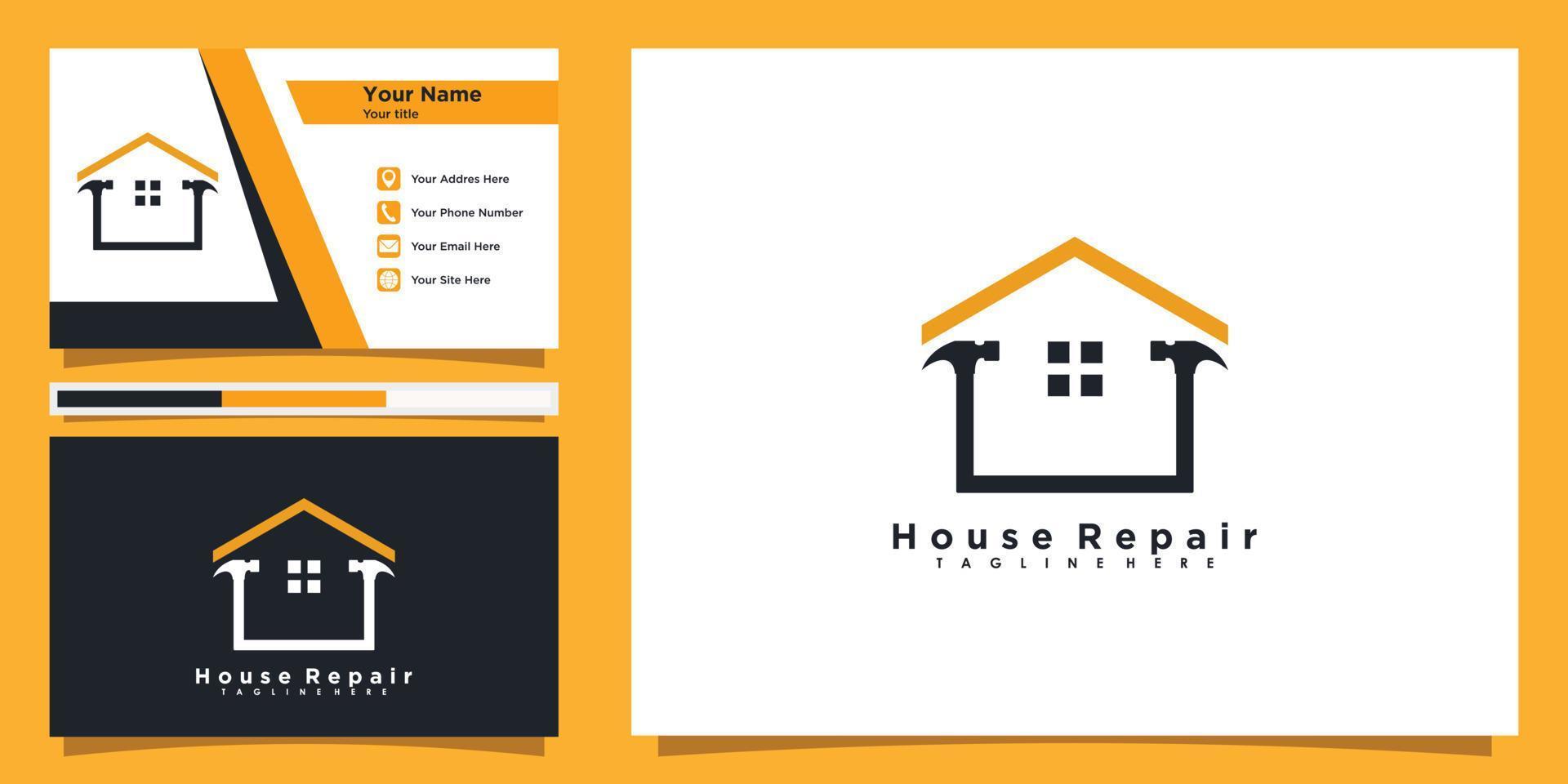 diseño de logotipo de reparación de casas con icono de martillo y tarjeta de visita vector