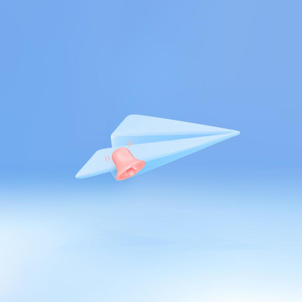 3D Cartoon Paper Airplane with bell . Email marketing and online promotion concept. Vector illustration.
