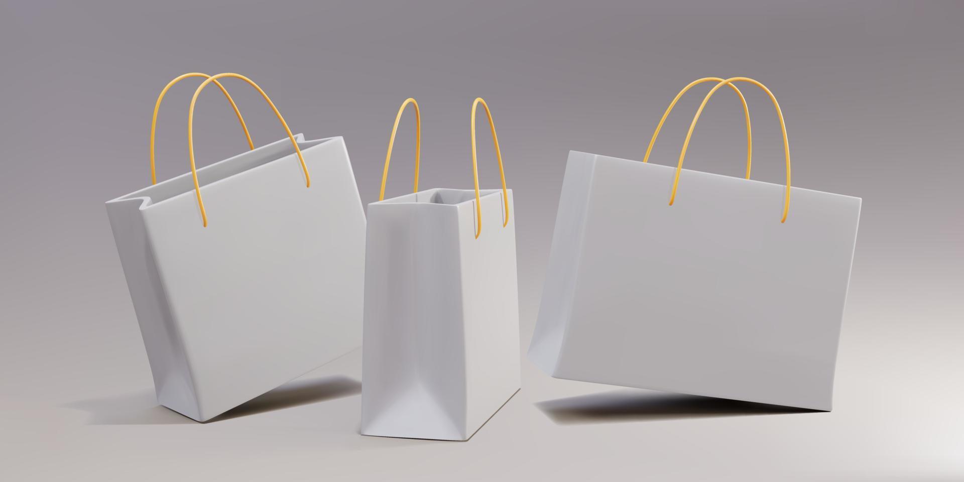 3d Simple three white paper bags on floor. Vector illustration.