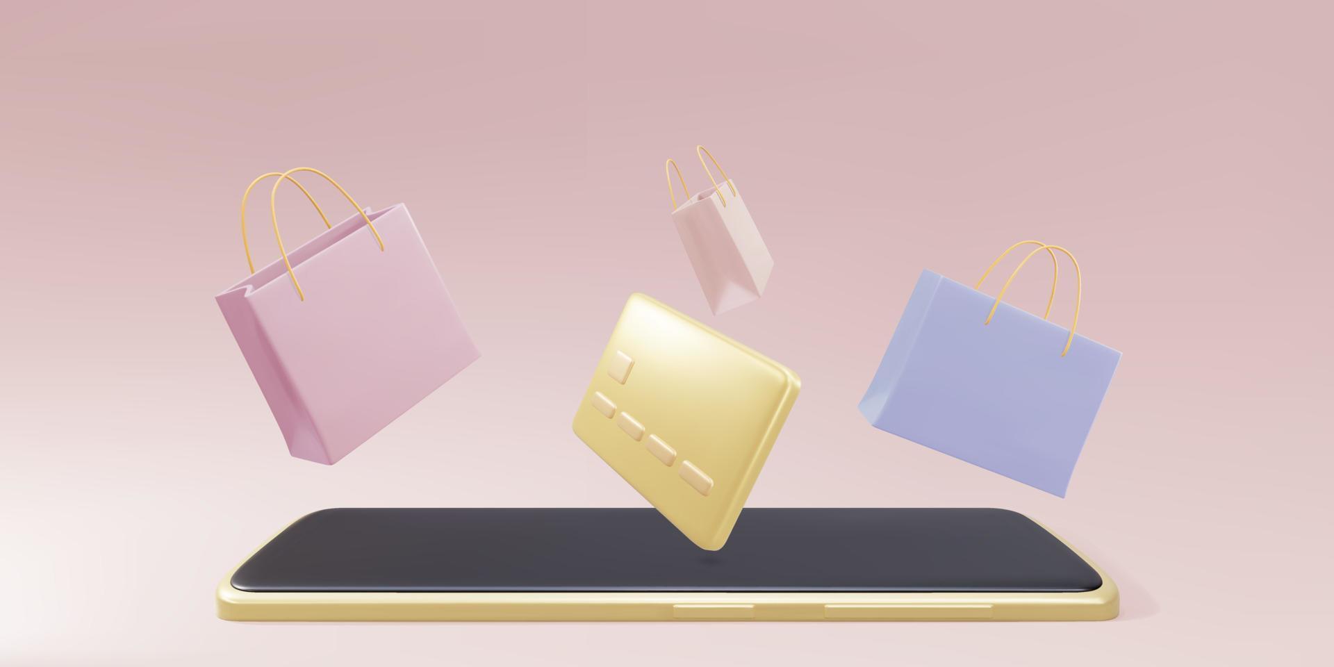 3D  Online shopping concept via phone with credit card. Online payment concept. Vector illustration.