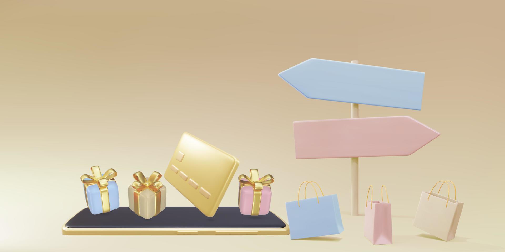 Online Mobile Shopping concept. Gifts on  smartphone,  directions on background for advertising, banner, brochure and web template. Vector illustration.