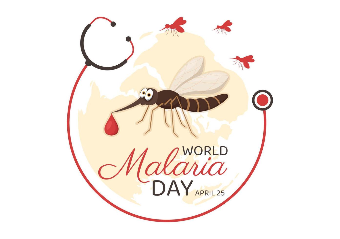 ilustración del día mundial de la malaria el 25 de abril con la tierra protegida de los mosquitos en dibujos animados planos dibujados a mano para banner web o plantillas de página de destino vector