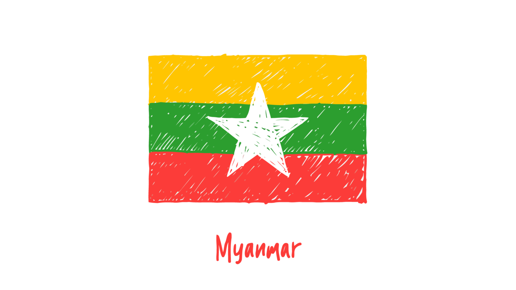 Myanmar nationaal land vlag potlood kleur schetsen illustratie met transparant achtergrond png