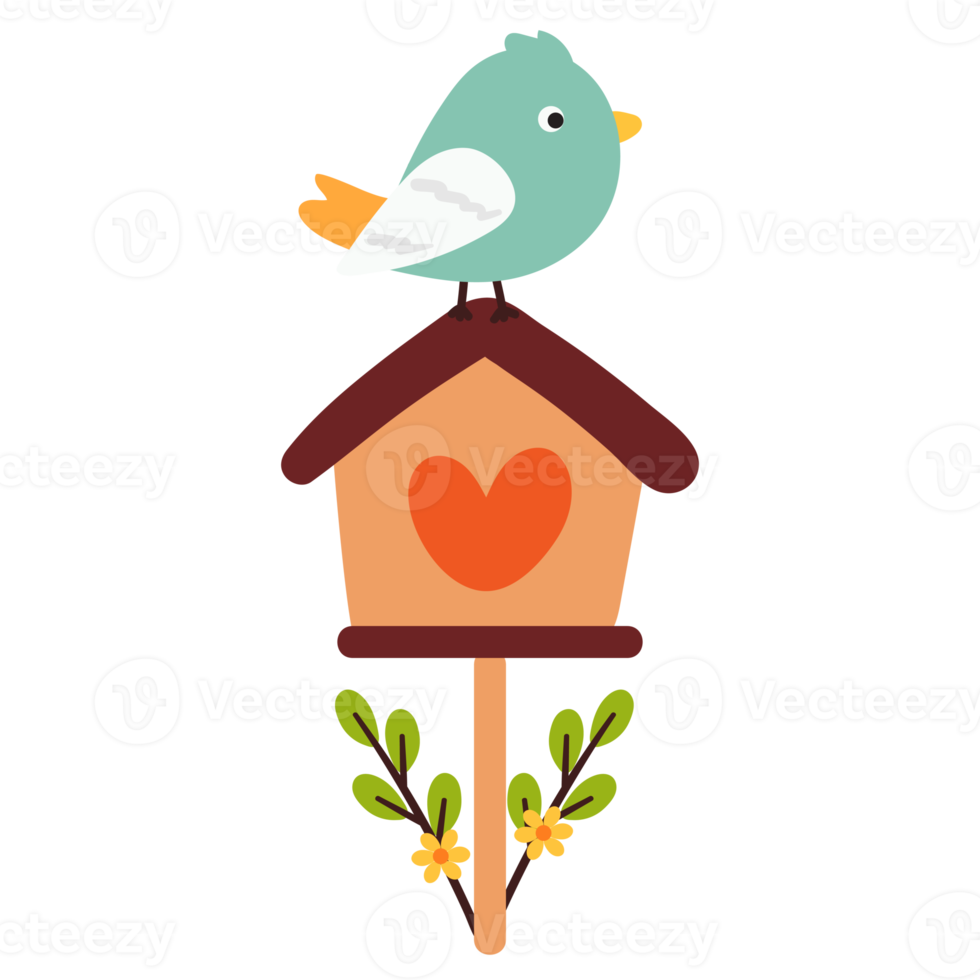 cute cartoon bird standing on bird house png