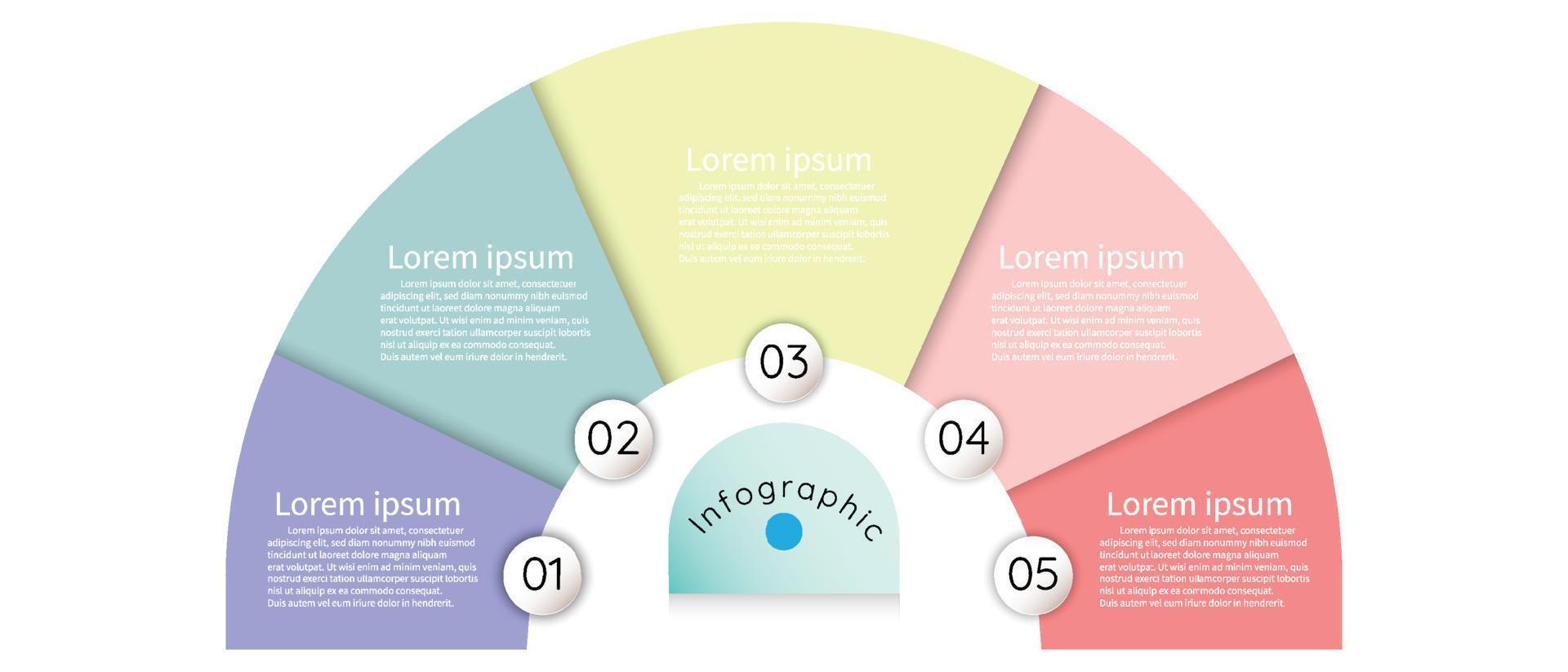 Infographic sectioned template for business information presentation. Vector half circles and geometric elements. Modern workflow diagrams. Report plan 5 topics