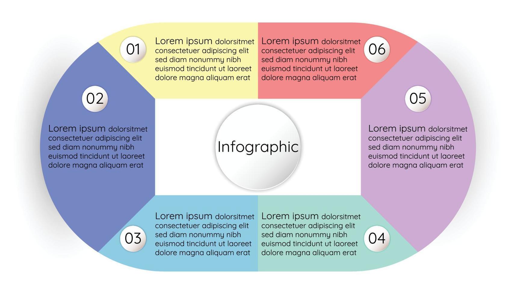 Infographic sectioned template for business information presentation. Vector geometric elements. pastel color modern workflow diagrams. Report plan 6 topics