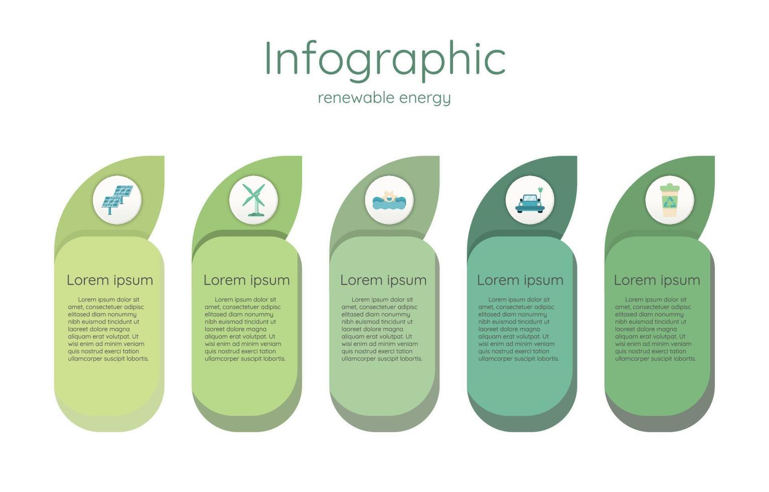 Infographic renewable energy template for energy consumption sustainable information presentation. Vector suare and geometric elements. green modern workflow diagrams. Report plan 5 topics
