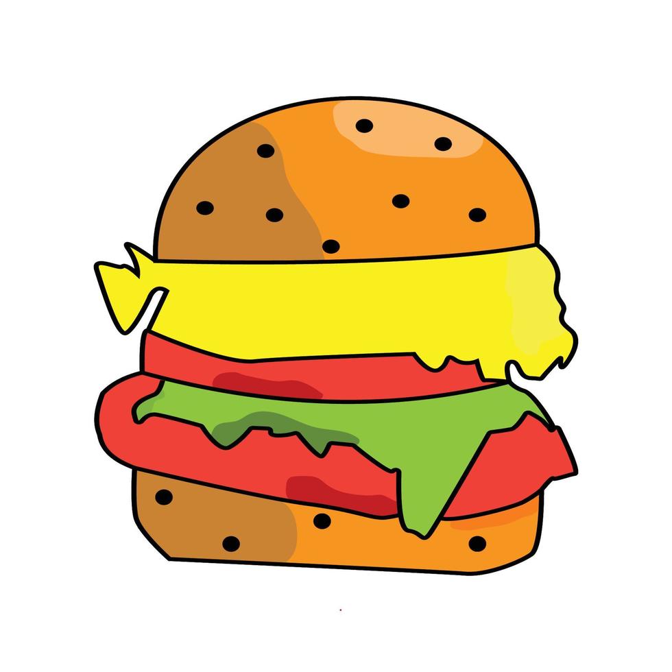 hamburguesa ilustración vectorial dibujada a mano. estilo de dibujos animados aislado sobre fondo blanco. este vector también se puede utilizar como logotipo de producto o marca. diseño para pancarta, afiche, tarjeta, impresión, menú