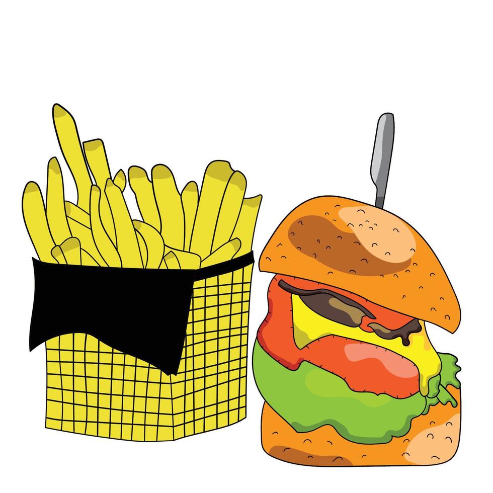 hamburguesa ilustración vectorial dibujada a mano. estilo de dibujos animados aislado sobre fondo blanco. este vector también se puede utilizar como logotipo de producto o marca. diseño para pancarta, afiche, tarjeta, impresión, menú