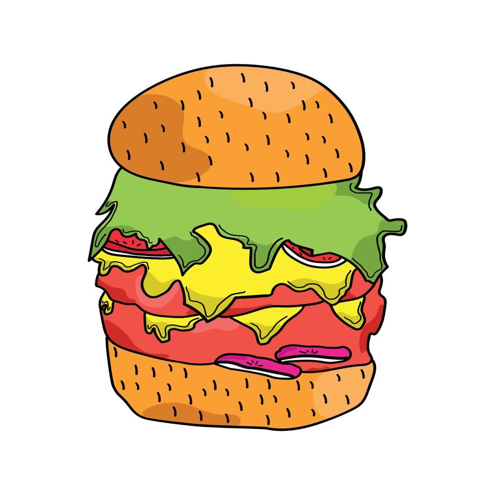 hamburguesa ilustración vectorial dibujada a mano. estilo de dibujos animados aislado sobre fondo blanco. este vector también se puede utilizar como logotipo de producto o marca. diseño para pancarta, afiche, tarjeta, impresión, menú