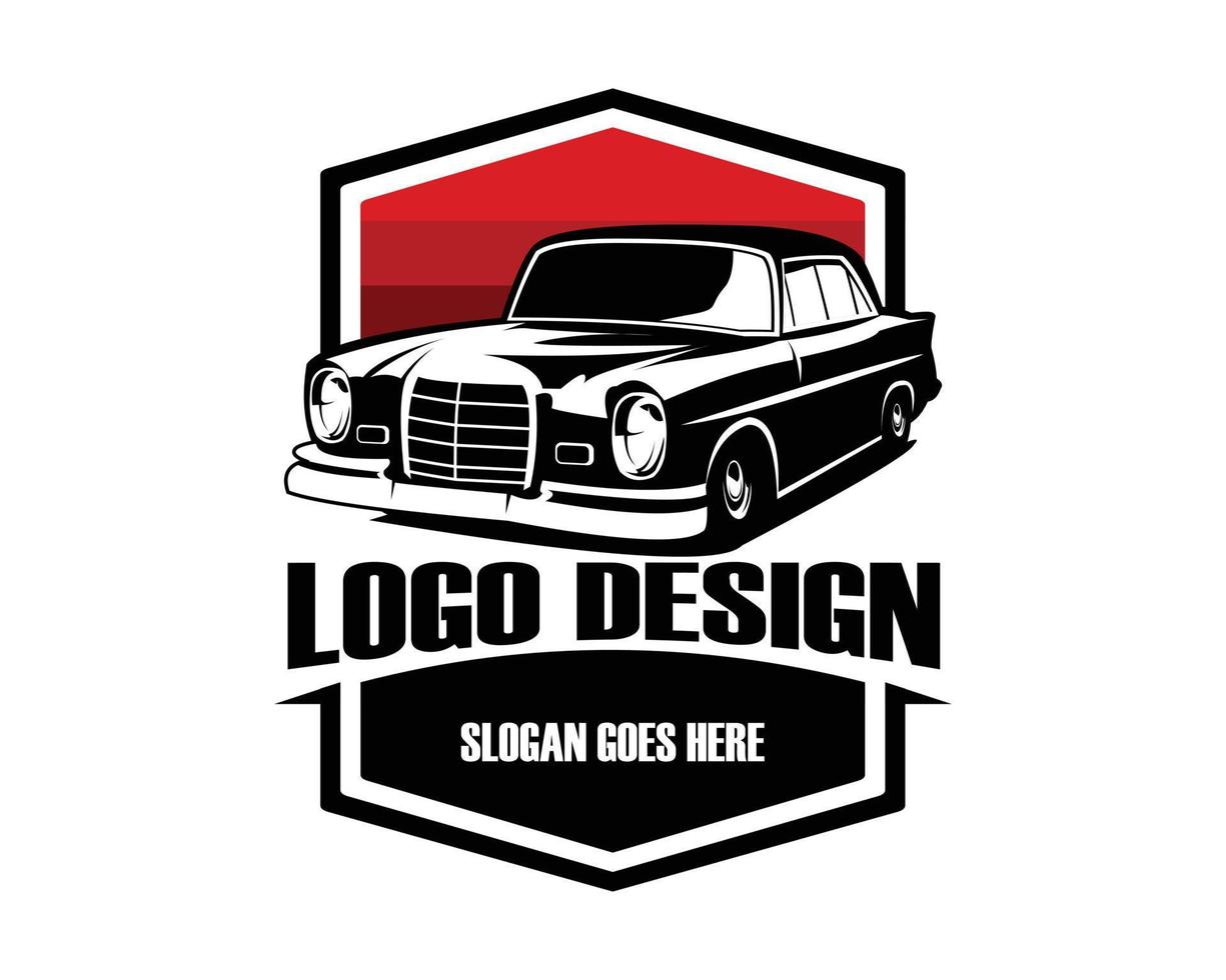 logotipo de coche vintage de lujo visto desde el frente. increíble diseño de vistas al atardecer. ilustración vectorial disponible en eps 10. vector