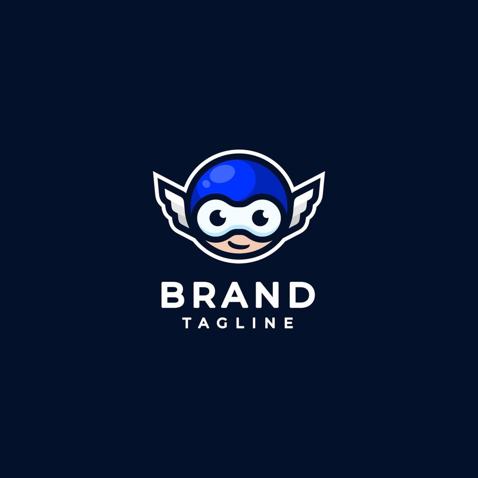 Cute Boy with Blue Mask and Wing Logo Design. Cute Boys Head Mascot Design with Wing Accents. Cute boy design with blue mask and wing accents on both sides. vector