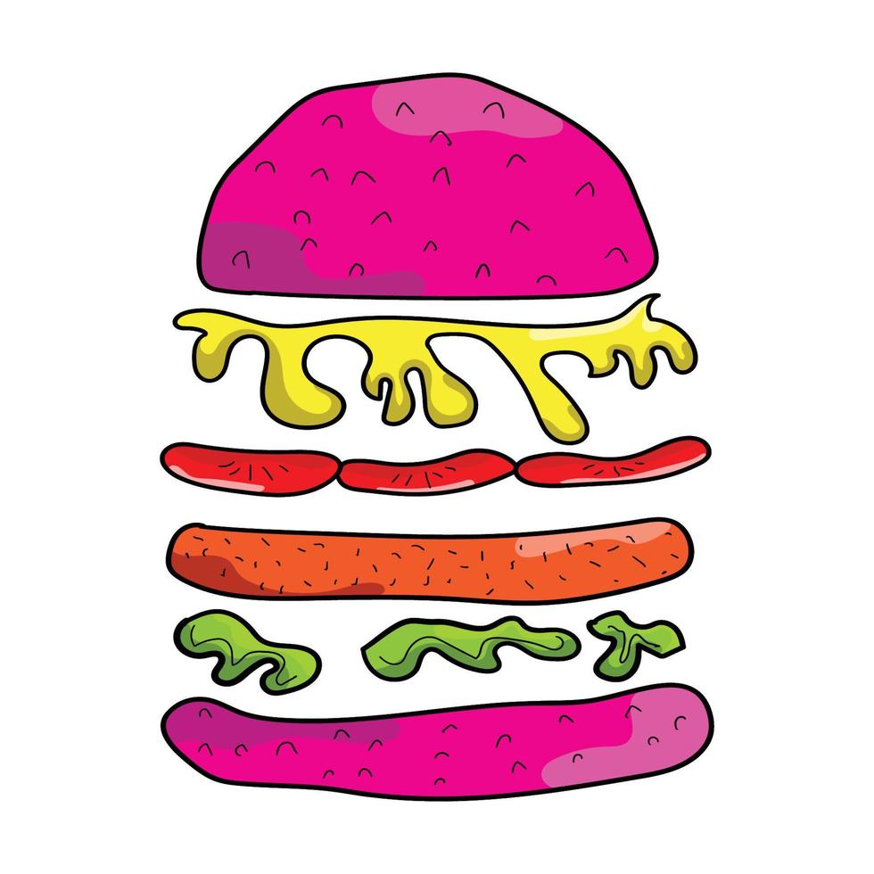 hamburguesa ilustración vectorial dibujada a mano. estilo de dibujos animados aislado sobre fondo blanco. este vector también se puede utilizar como logotipo de producto o marca. diseño para pancarta, afiche, tarjeta, impresión, menú