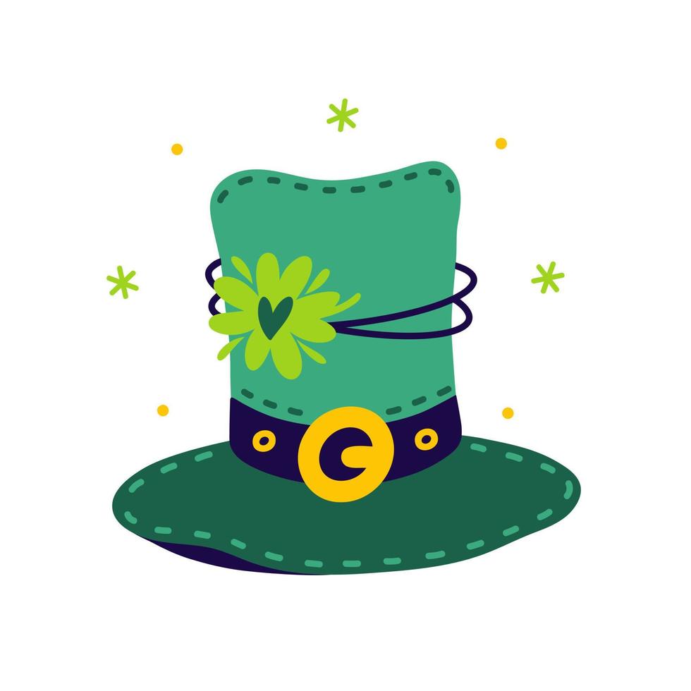 Green leprechaun top hat with clover leaf. Simple vector icon. Hand drawn illustration isolated on white. Headdress with golden buckle, lucky quatrefoil. Clipart for St. Patrick's Day cards, prints