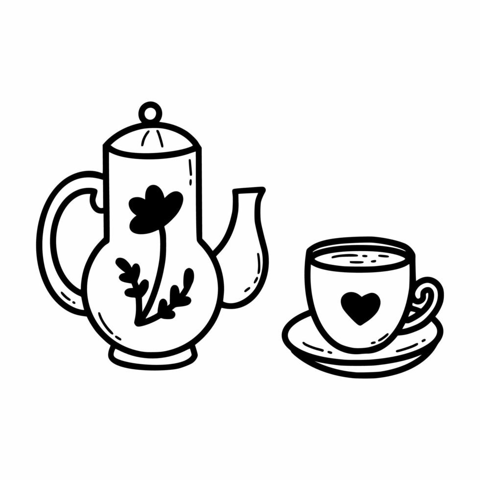 Teapot and cup. Vector doodle illustration. Icon. Tea party.