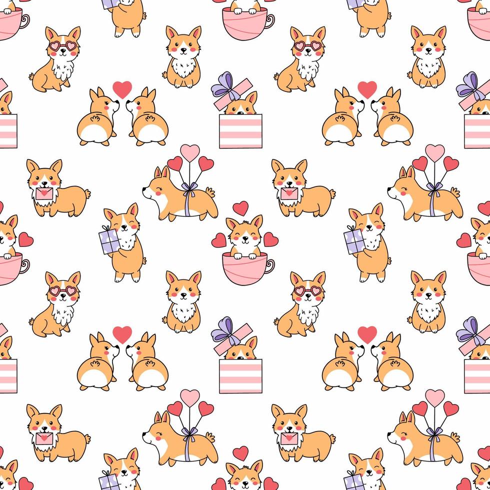 Cute corgi. Seamless pattern. Printing on fabric and wrapping paper. Wallpaper for nursery. Valentine's day. vector