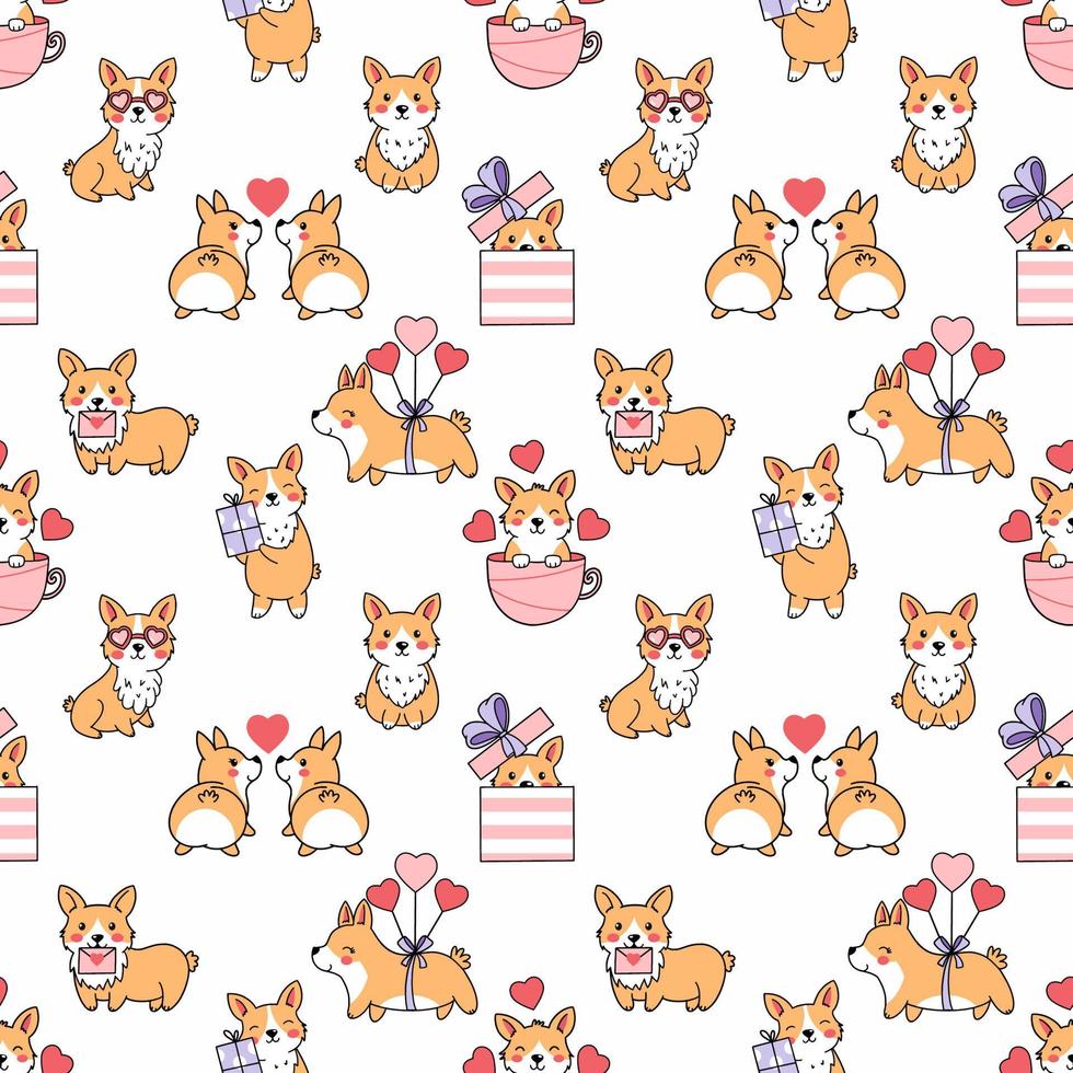 lindo corgi patrón sin costuras impresión en tela y papel de regalo. papel pintado para guardería. Día de San Valentín. vector