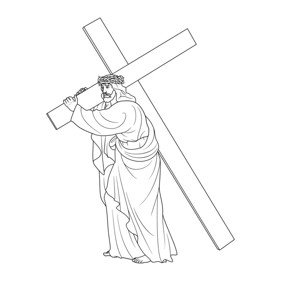 Jesus Christ Lord of the Steps Carrying the Cross Vector Illustration Outline Monochrome
