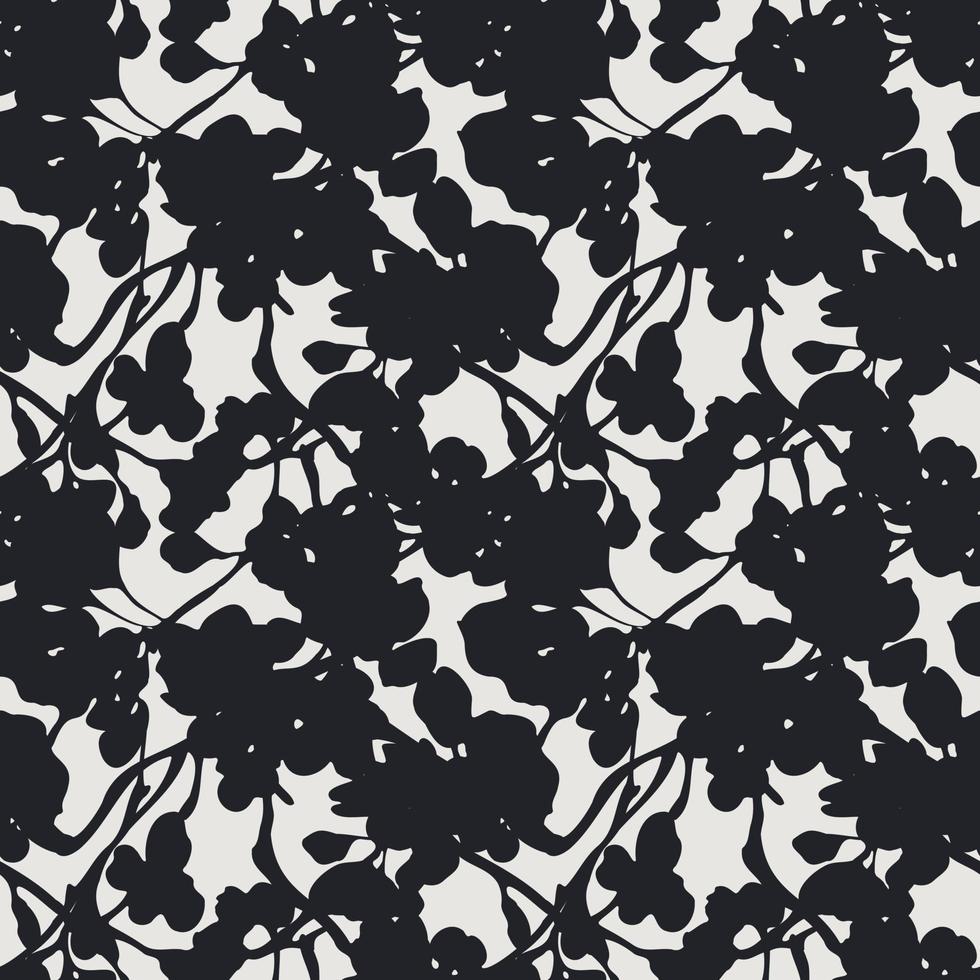 Cherry blossom monochrome seamless pattern with sakura branches black silhouette on light background. Flat vector hand drawn design for fashion textile and fabric.