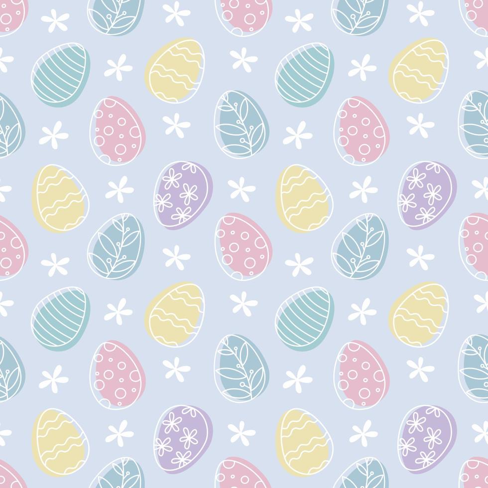 Easter eggs seamless pattern with colored eggs and white flowers on light purple background. Doodle style vector design illustration.