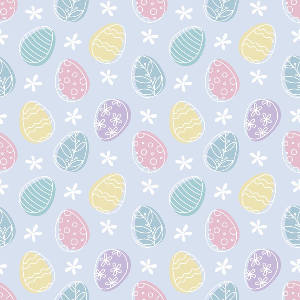 huevos de pascua de patrones sin fisuras con huevos de colores y flores blancas sobre fondo morado claro. ilustración de diseño de vector de estilo de fideos.