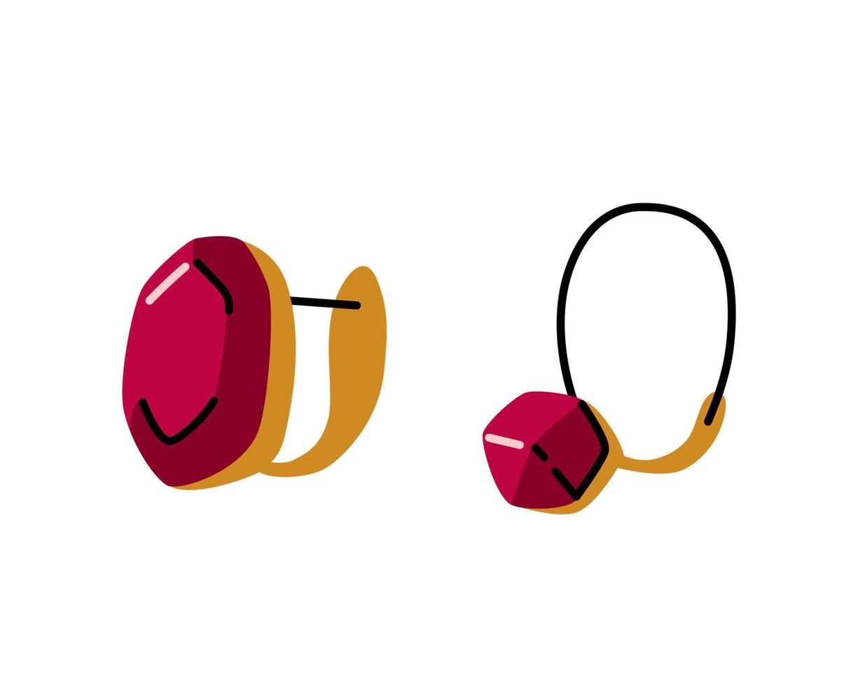 Women gold earrings with rubies doodle hand drawn illustration hand made jewelry concept. vector