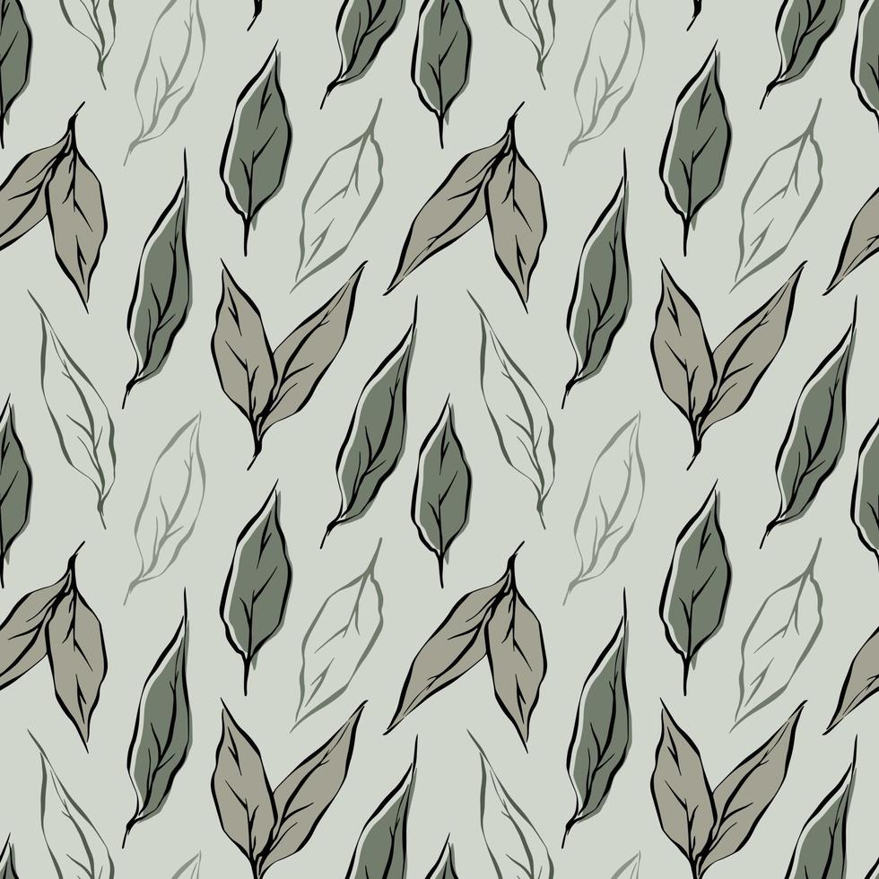 Hand drawn tea leaf seamless pattern in grey and pale green colors. Vector endless botanical background for tea package, bedding, textile, fabric, wallpapers, wrapping paper.