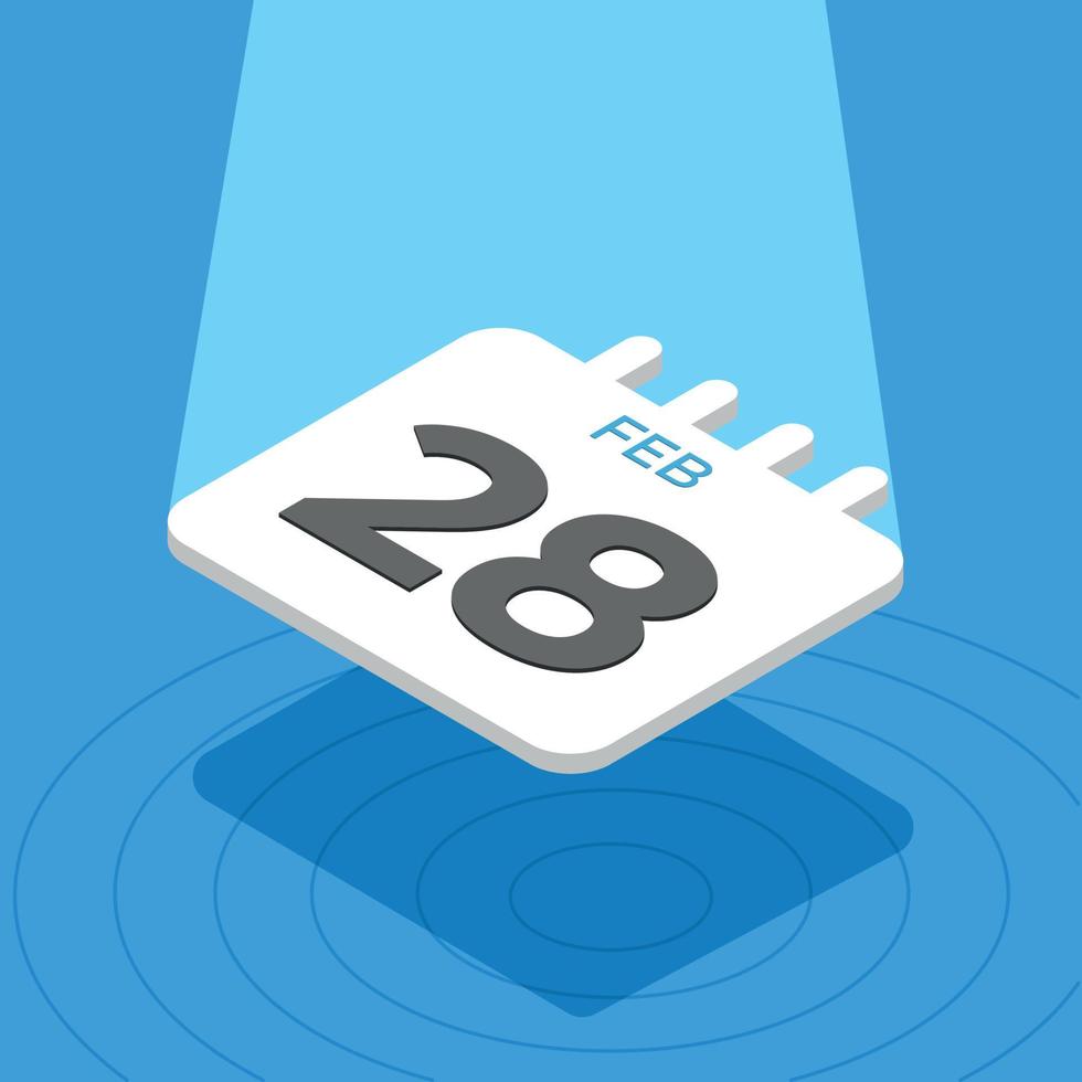 28 de febrero - calendario 3d flotando con foco sobre fondo azul vector