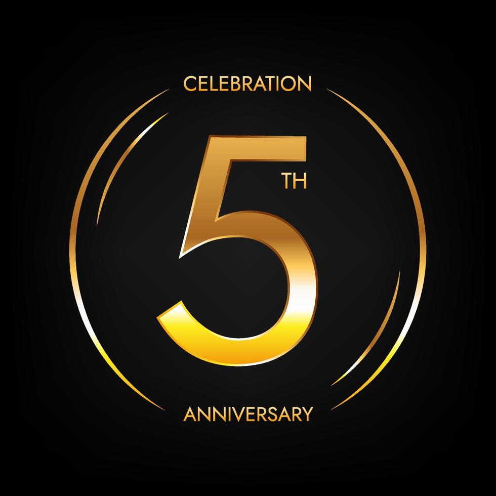 5th anniversary. Five years birthday celebration banner in bright golden color. Circular logo with elegant number design. vector
