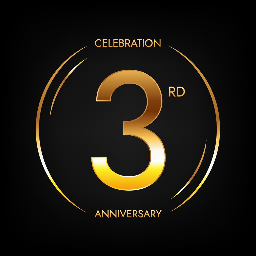 3rd anniversary. Three years birthday celebration banner in bright golden color. Circular logo with elegant number design. vector