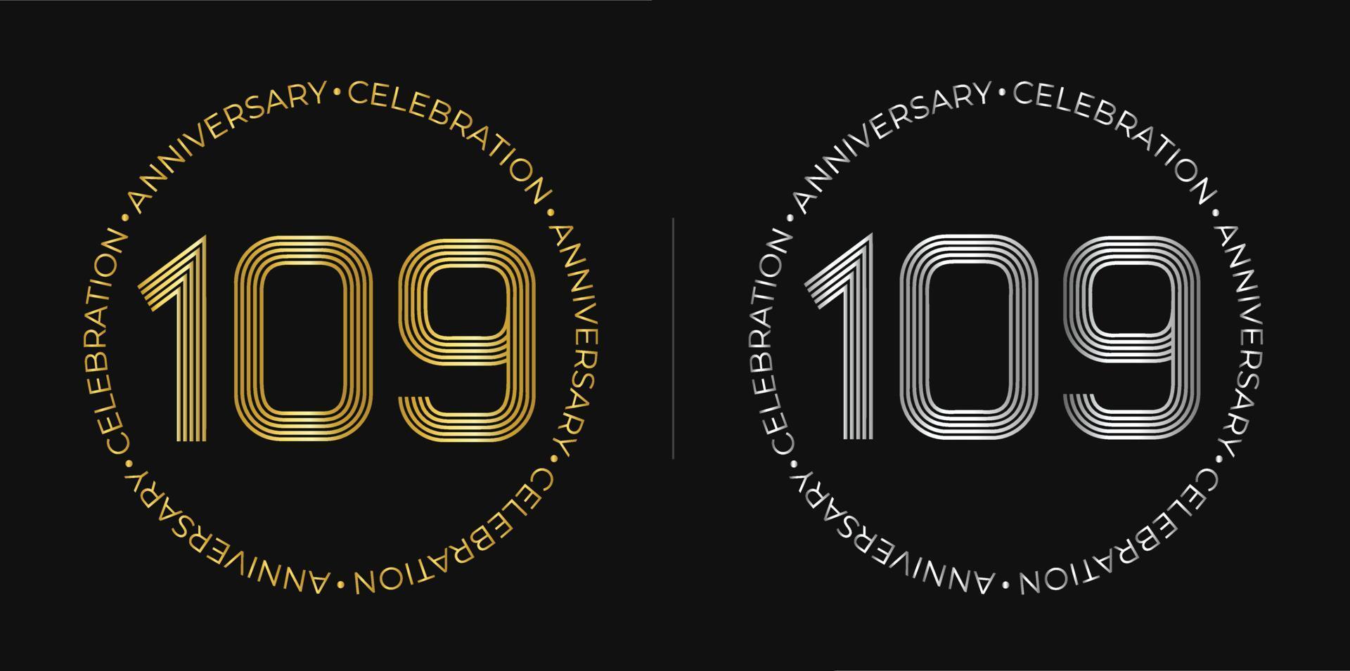 109 cumpleaños. Banner de celebración de aniversario de ciento nueve años en colores dorado y plateado. logo circular con diseño de números originales en líneas elegantes. vector