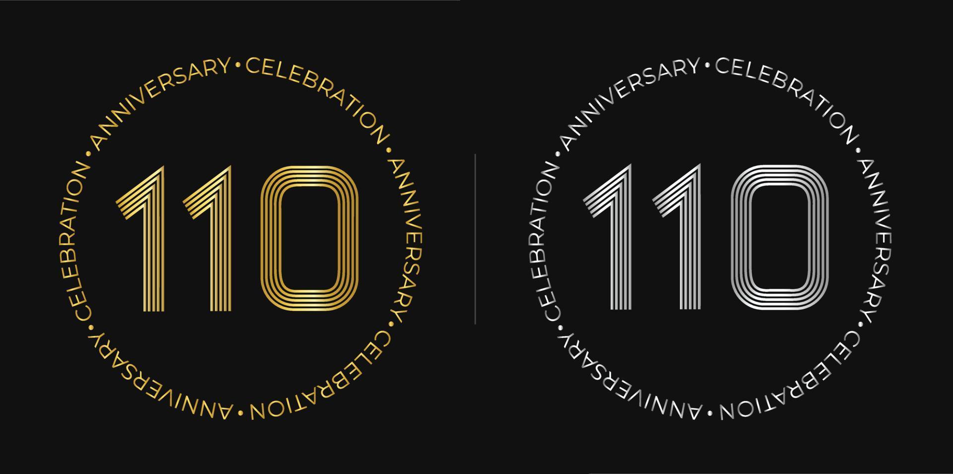 110th birthday. One hundred and ten years anniversary celebration banner in golden and silver colors. Circular logo with original numbers design in elegant lines. vector