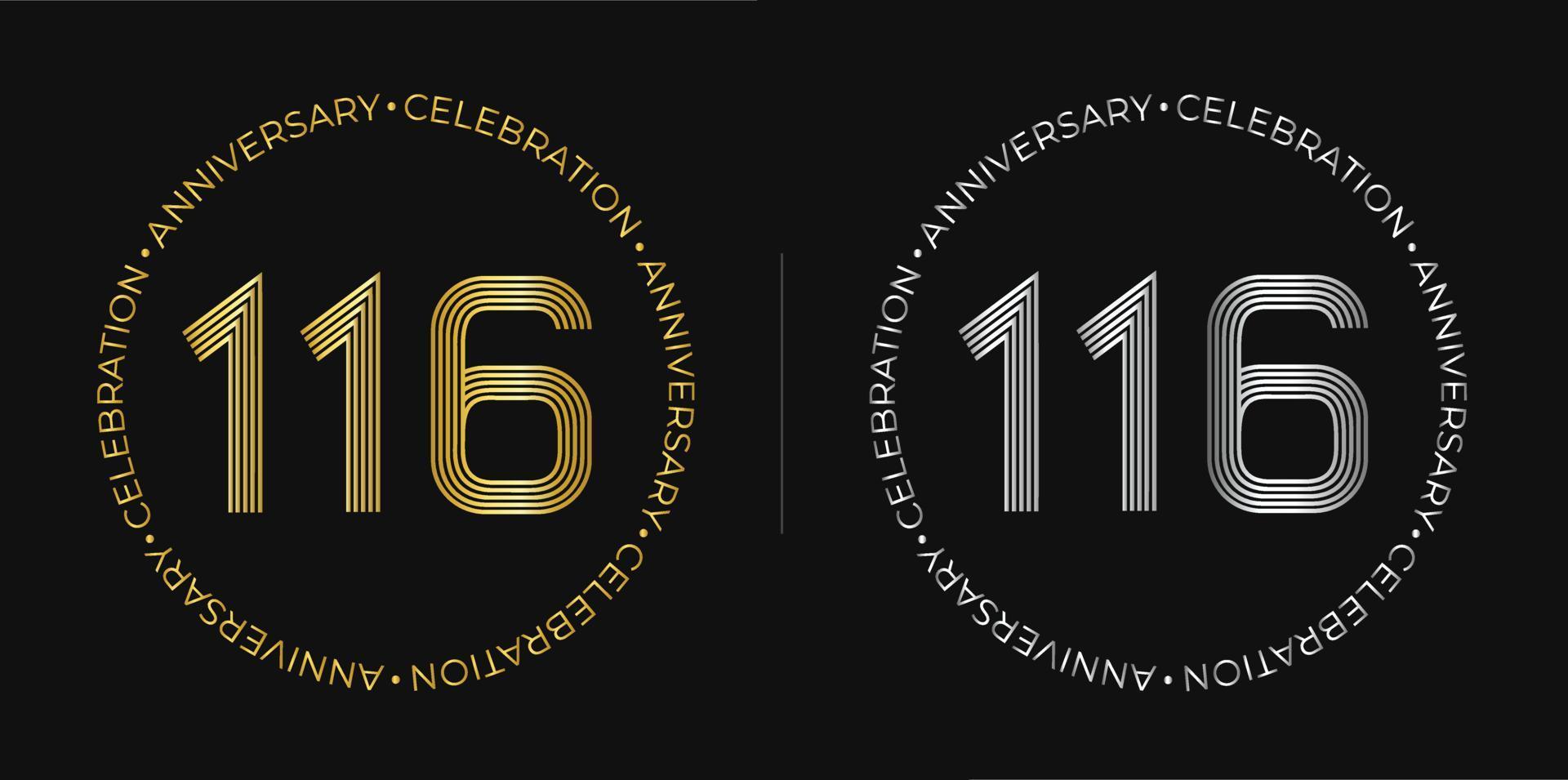 116 cumpleaños. banner de celebración de aniversario de ciento dieciséis años en colores dorado y plateado. logo circular con diseño de números originales en líneas elegantes. vector