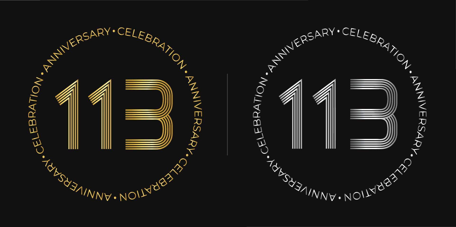 113 cumpleaños. banner de celebración de aniversario de ciento trece años en colores dorado y plateado. logo circular con diseño de números originales en líneas elegantes. vector