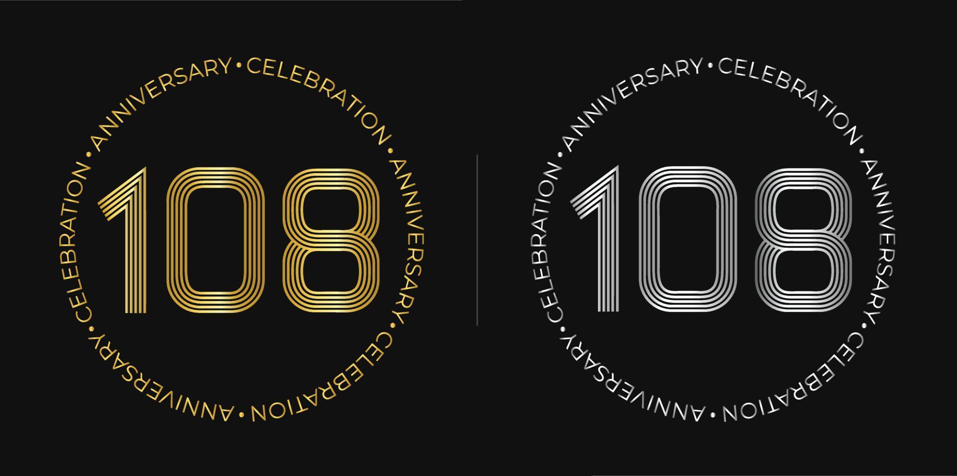 108th birthday. One hundred and eight years anniversary celebration banner in golden and silver colors. Circular logo with original numbers design in elegant lines. vector