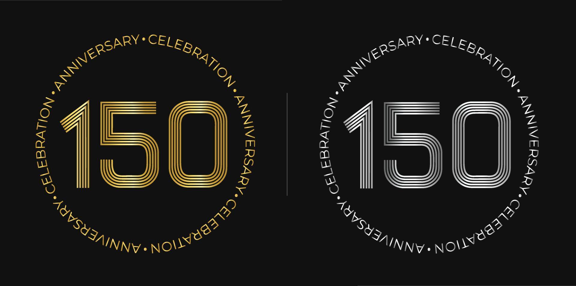 150 cumpleaños. Banner de celebración de aniversario de ciento cincuenta años en colores dorado y plateado. logo circular con diseño de números originales en líneas elegantes. vector