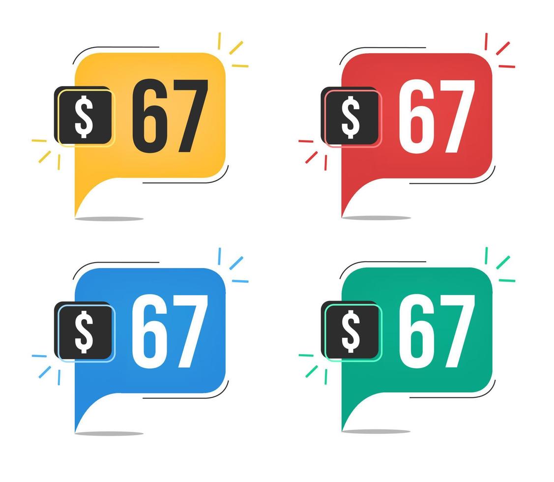 67 dollar price. Yellow, red, blue and green currency tags with speech balloon concept vector. vector