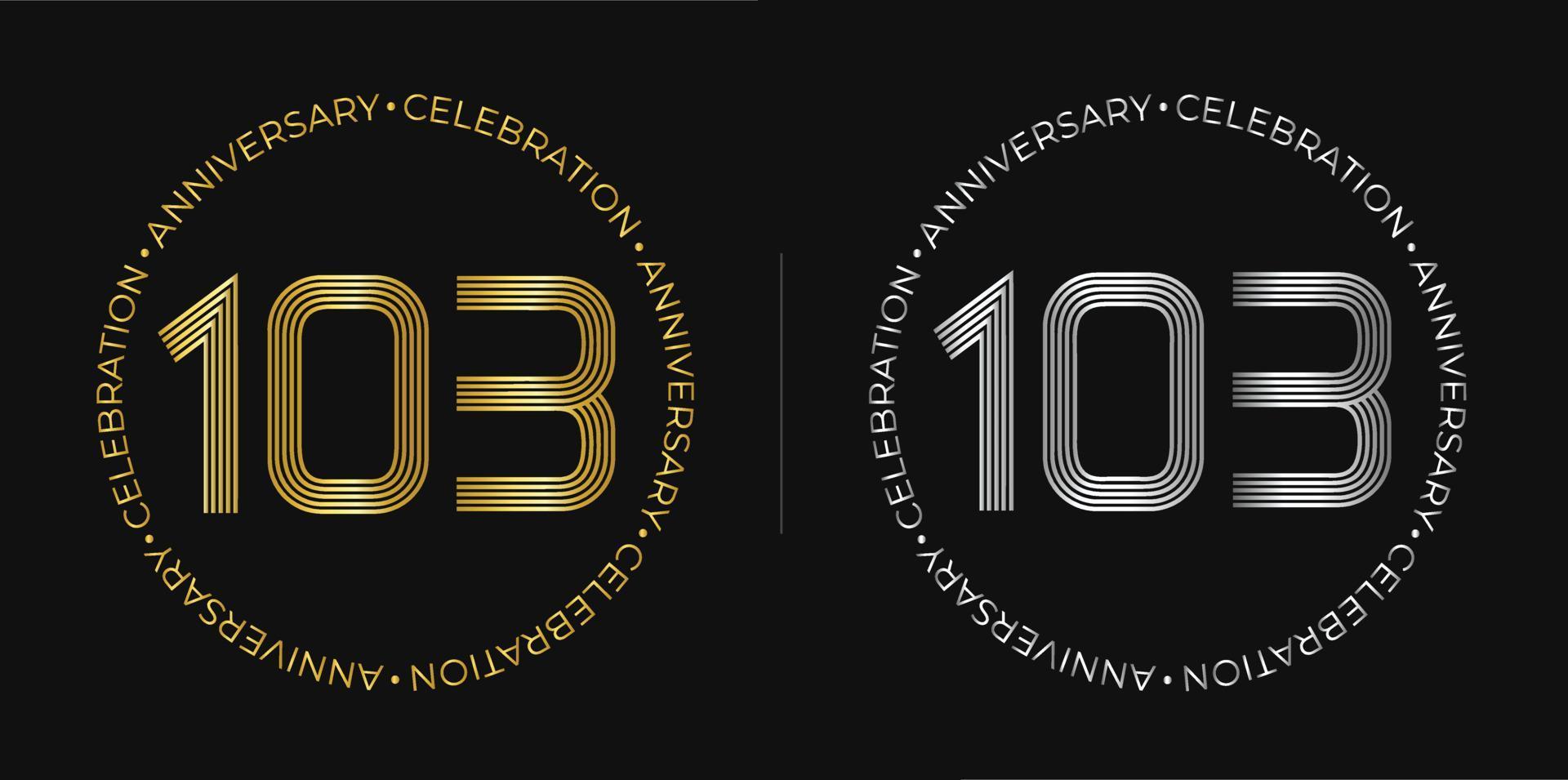 103 cumpleaños. Banner de celebración de aniversario de ciento tres años en colores dorado y plateado. logo circular con diseño de números originales en líneas elegantes. vector