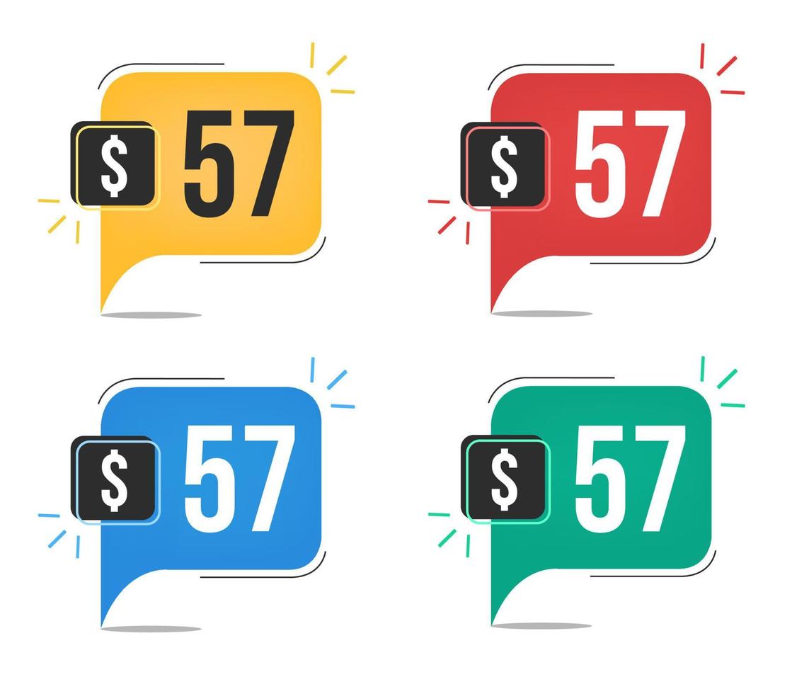 57 dollar price. Yellow, red, blue and green currency tags with speech balloon concept vector. vector