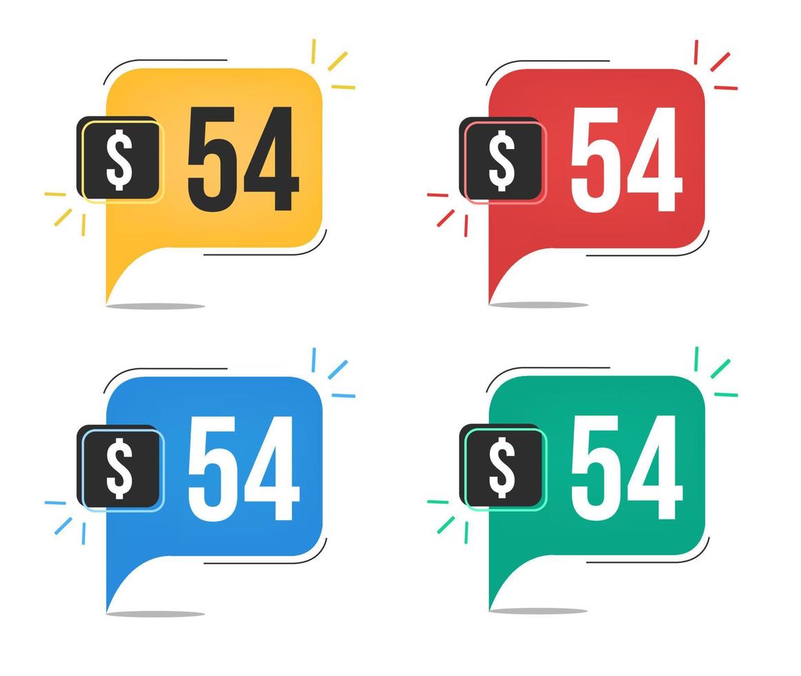 54 dollar price. Yellow, red, blue and green currency tags with speech balloon concept vector. vector