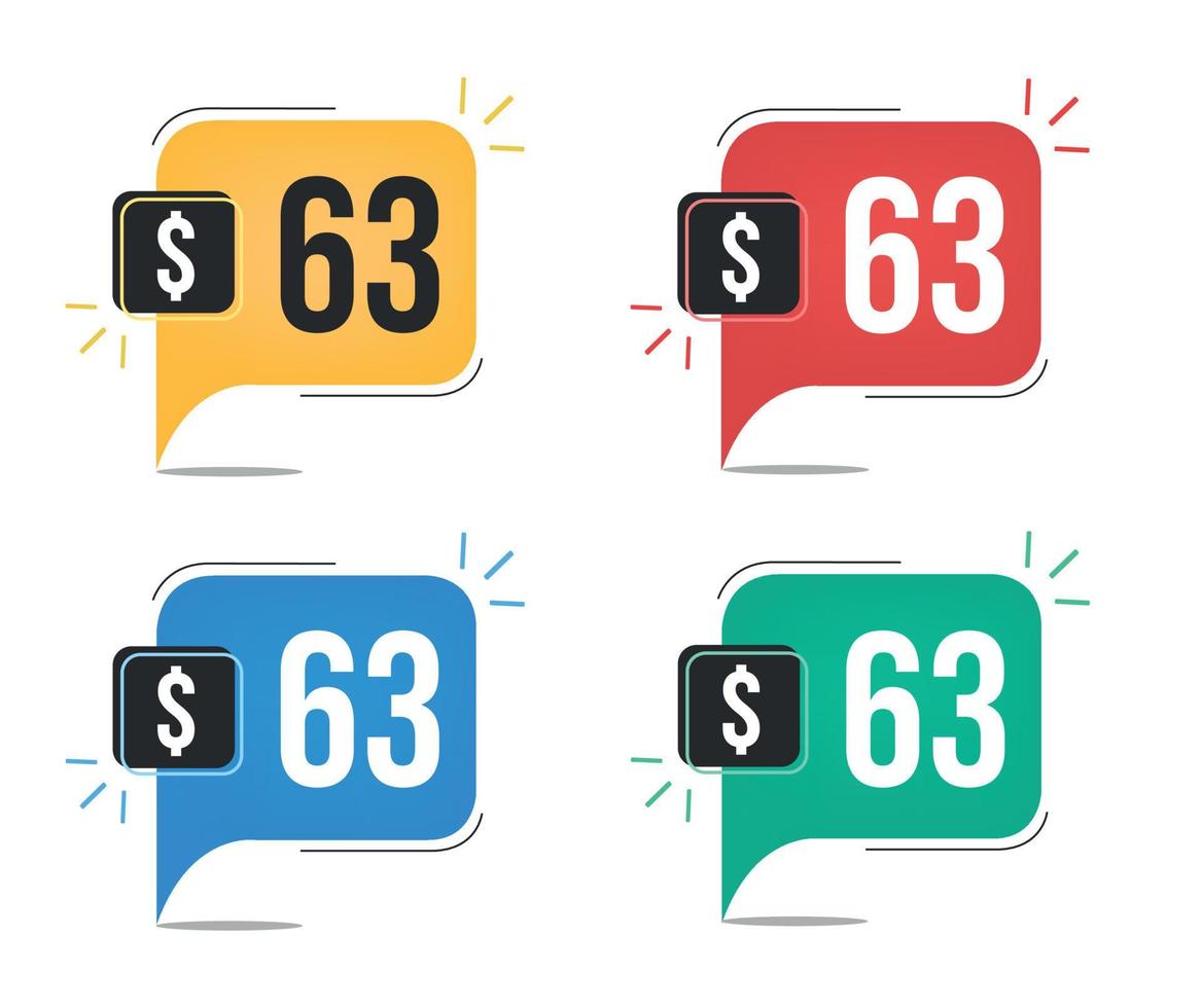 63 dollar price. Yellow, red, blue and green currency tags with speech balloon concept vector. vector