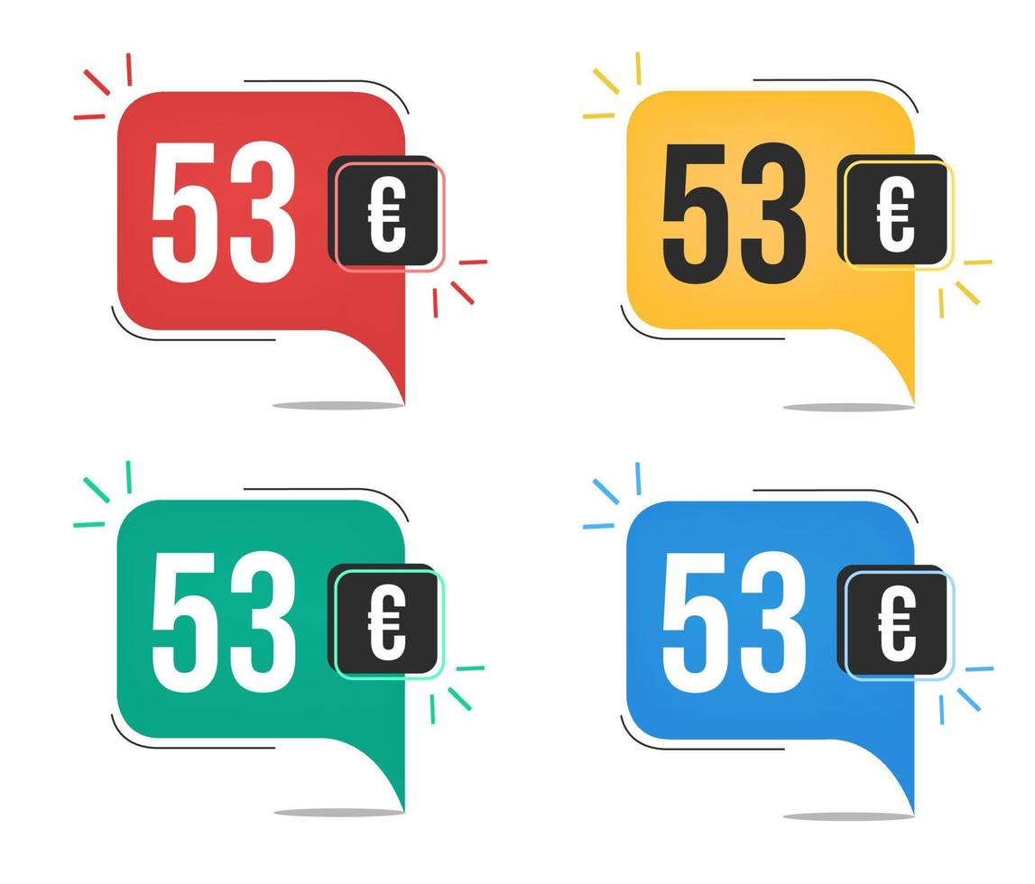 Precio 53 euros. etiquetas de moneda amarillas, rojas, azules y verdes con concepto de globo de voz. vector