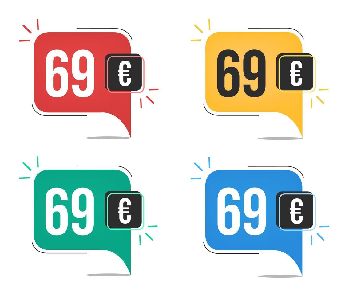 69 euro price. Yellow, red, blue and green currency tags with speech  balloon concept. vector