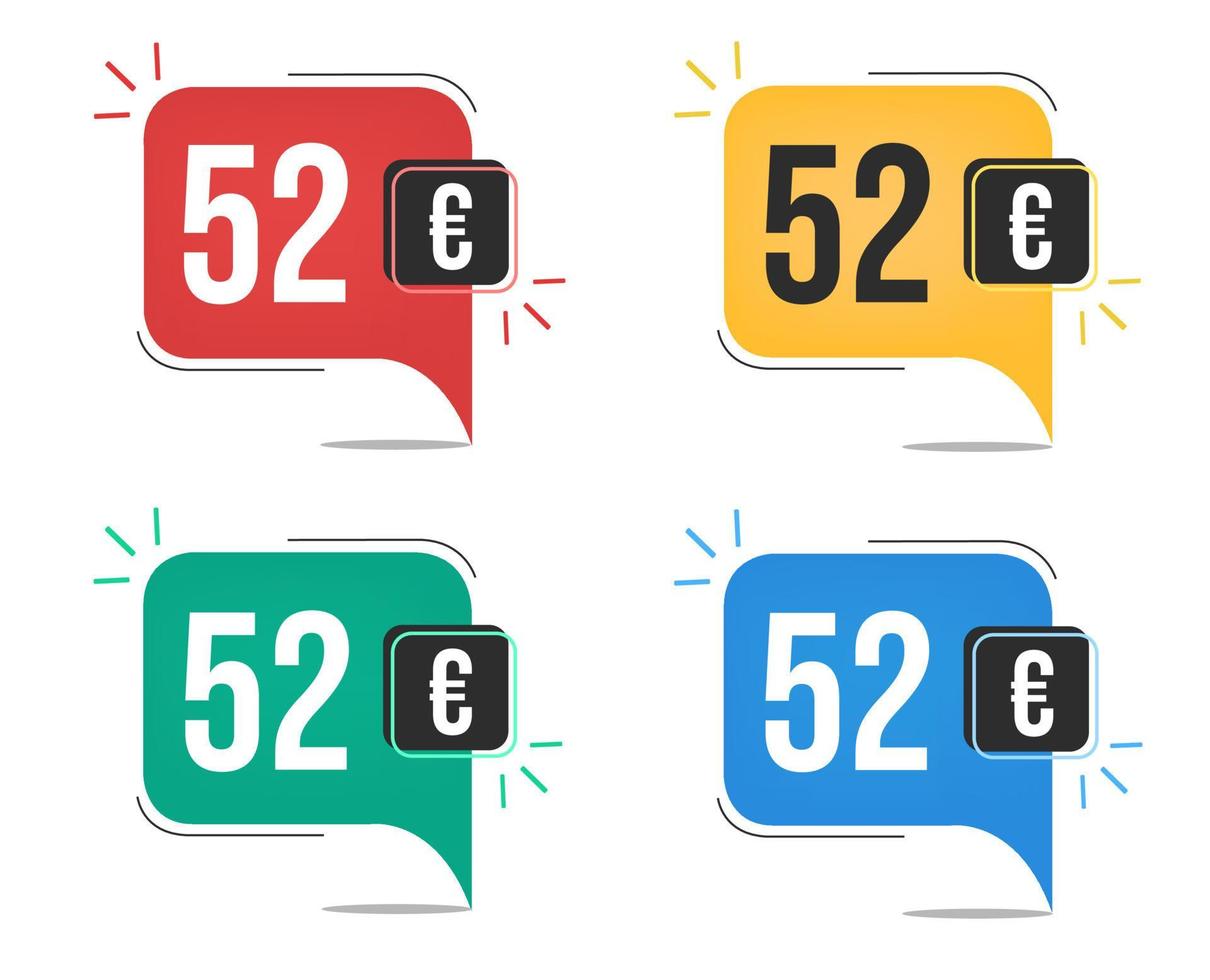 52 euro price. Yellow, red, blue and green currency tags with speech  balloon concept. vector