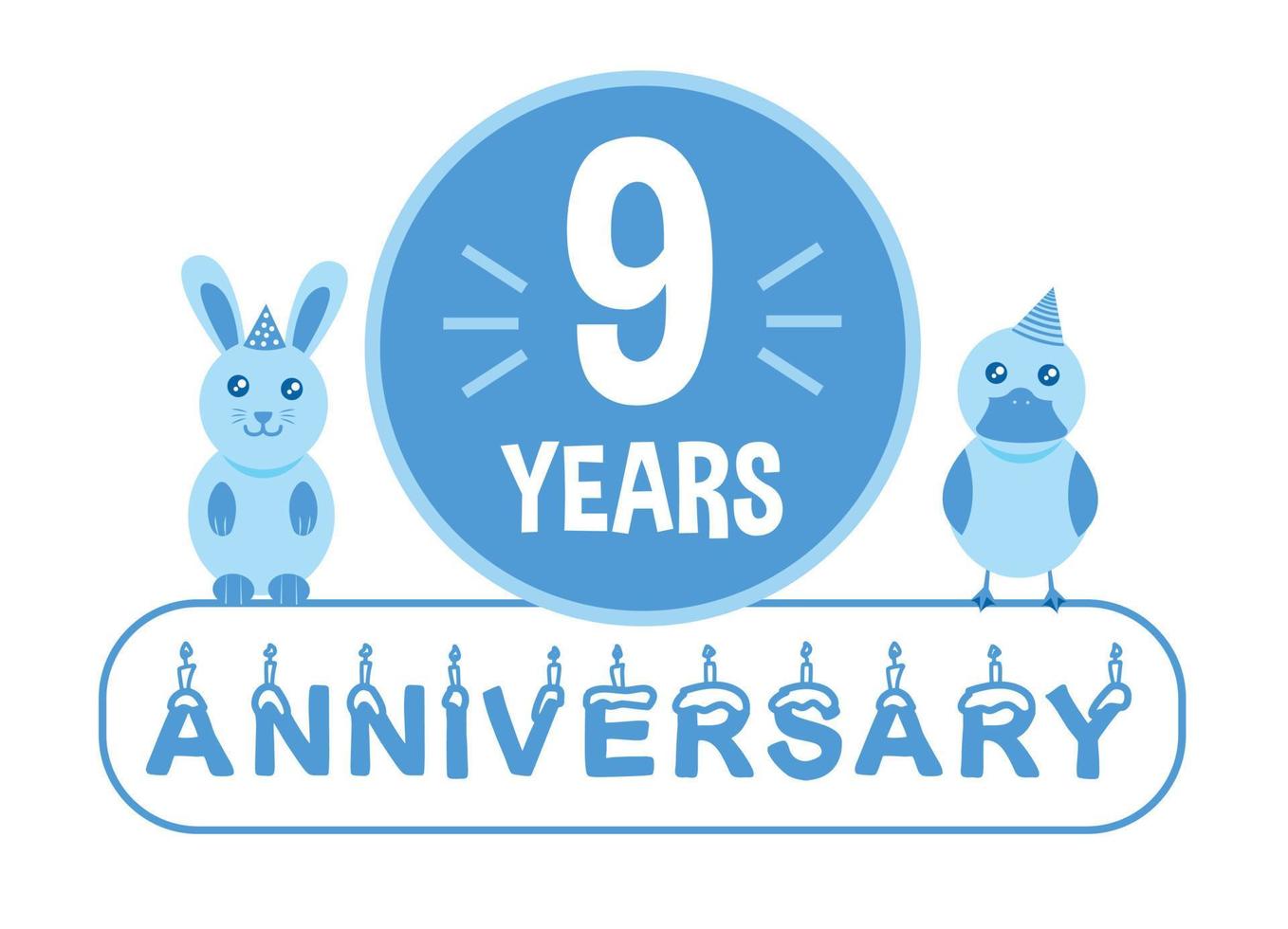 9th birthday. Nine years anniversary celebration banner with blue theme for kids. vector