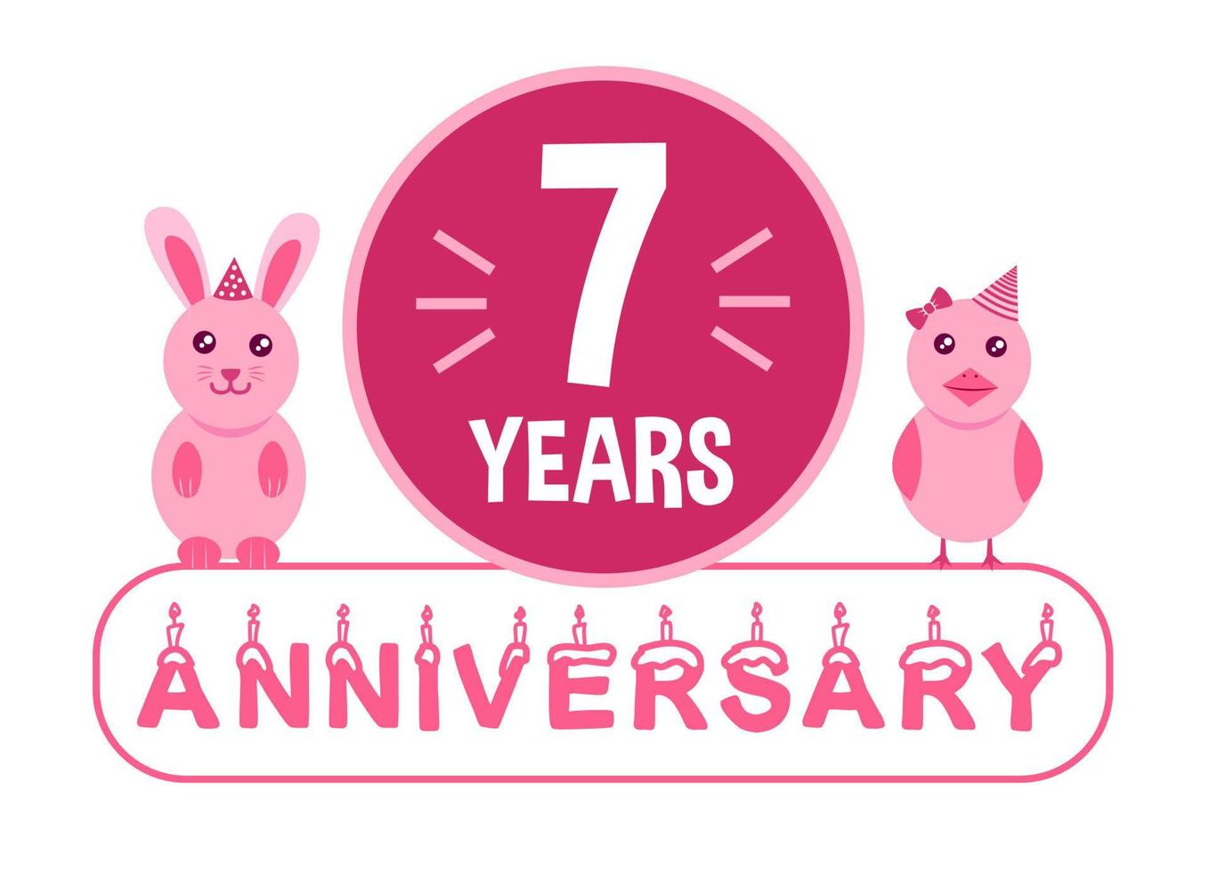 7th birthday. Seven years anniversary celebration banner with pink animals theme for kids. vector