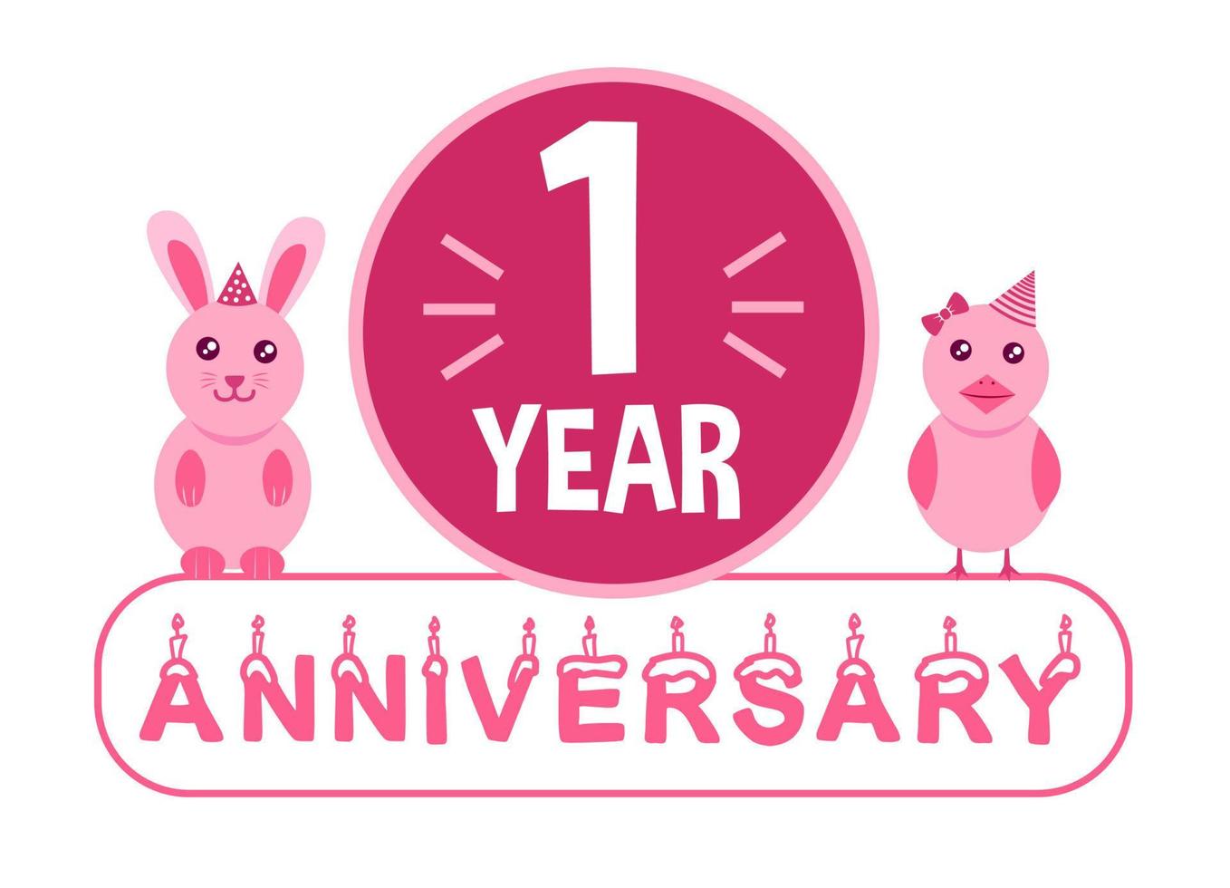 1st birthday. One year anniversary celebration banner with pink animals theme for kids. vector