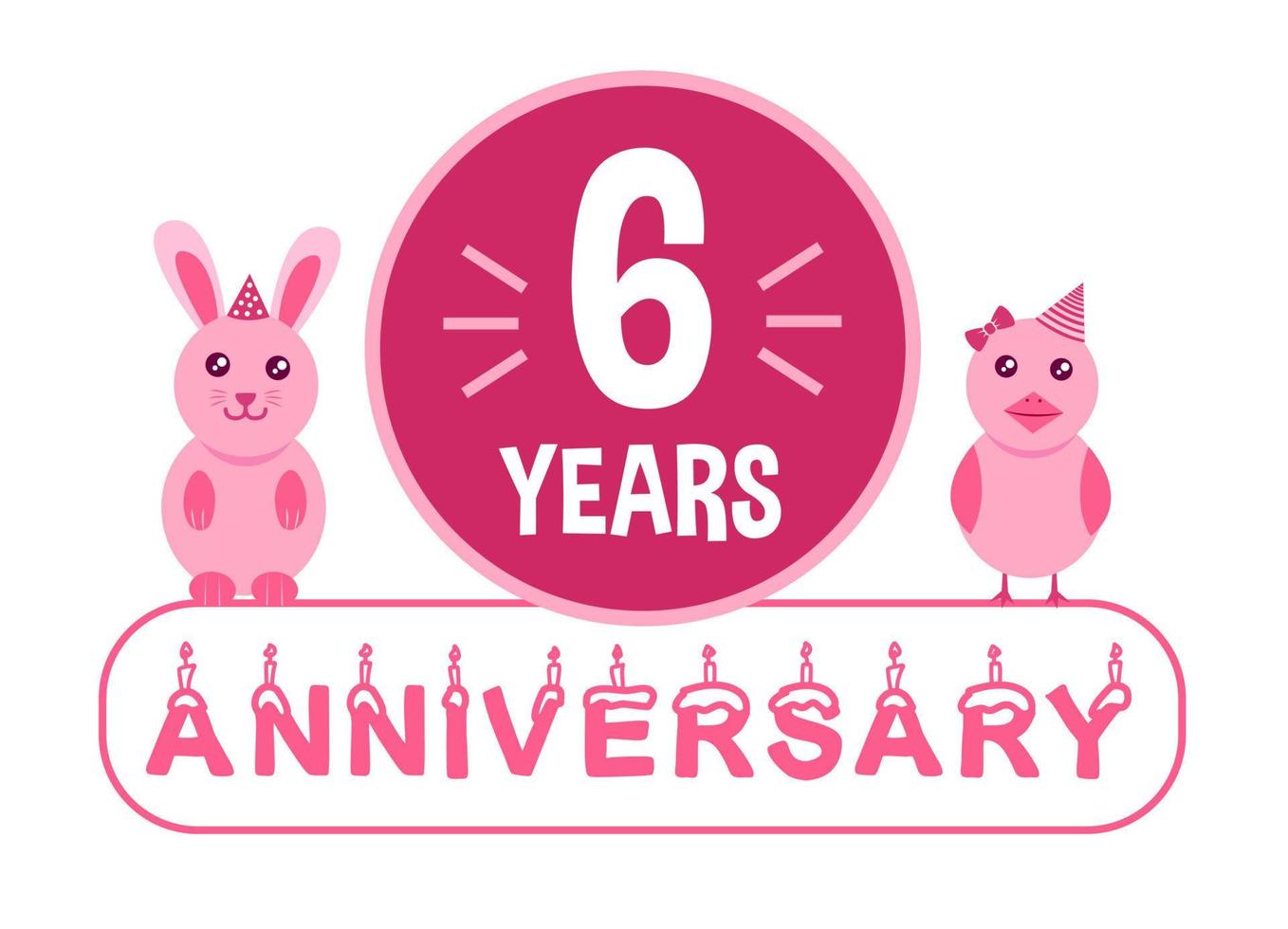 6th birthday. Six years anniversary celebration banner with pink animals theme for kids. vector